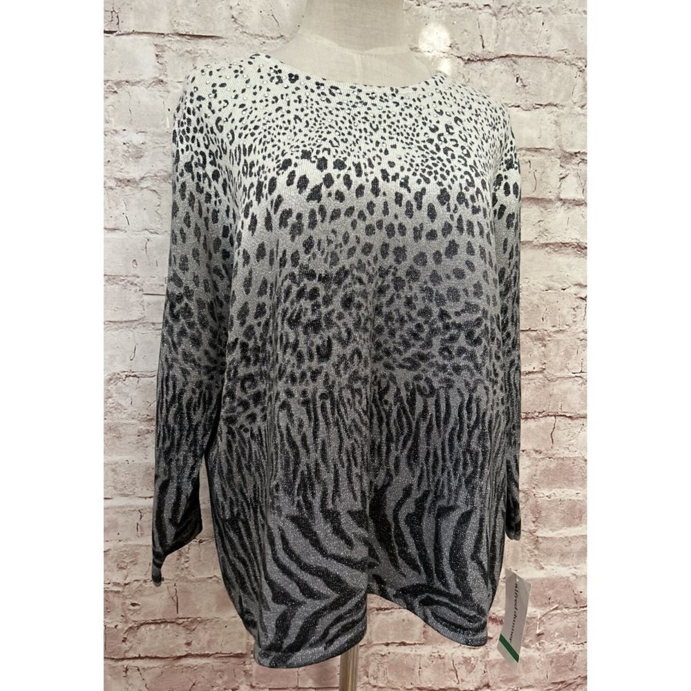 Alfred Dunner L Gray Silver Metallic Leopard Knit Sweater 3/4 Sleeve Beaded NEW